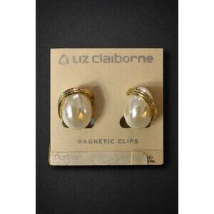 Vintage Liz Claiborne Faux Pearl Gold Tone Swirl Magnetic Clip Earrings w Card